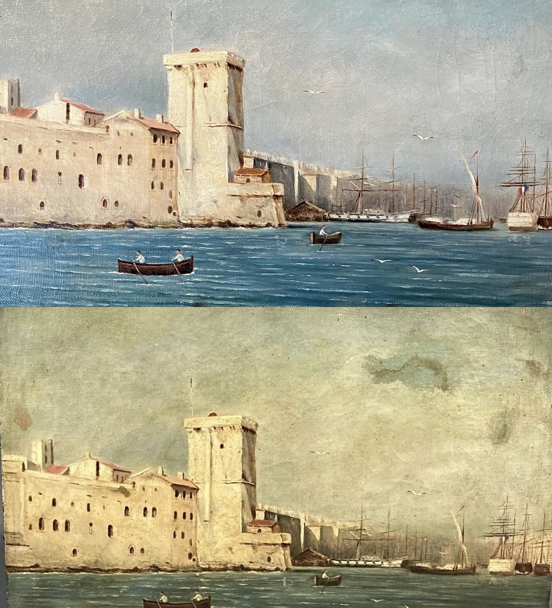 Huile sur toile Marine XIX ème entrée du port de Marseille-photo-3