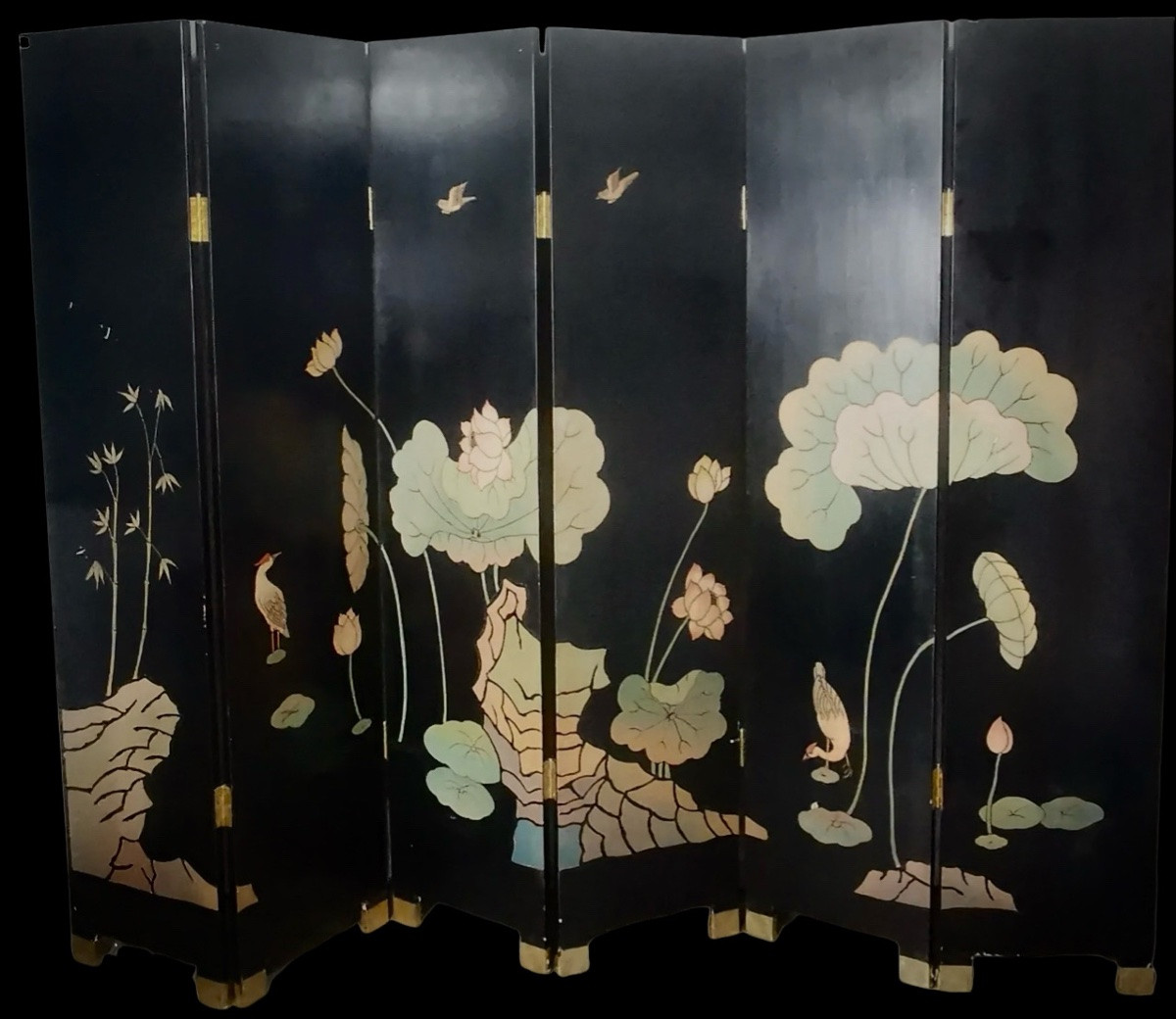 Paravent Japonais laqué noir et or dans le goût d’un Byobu. Circa XX ème -photo-6