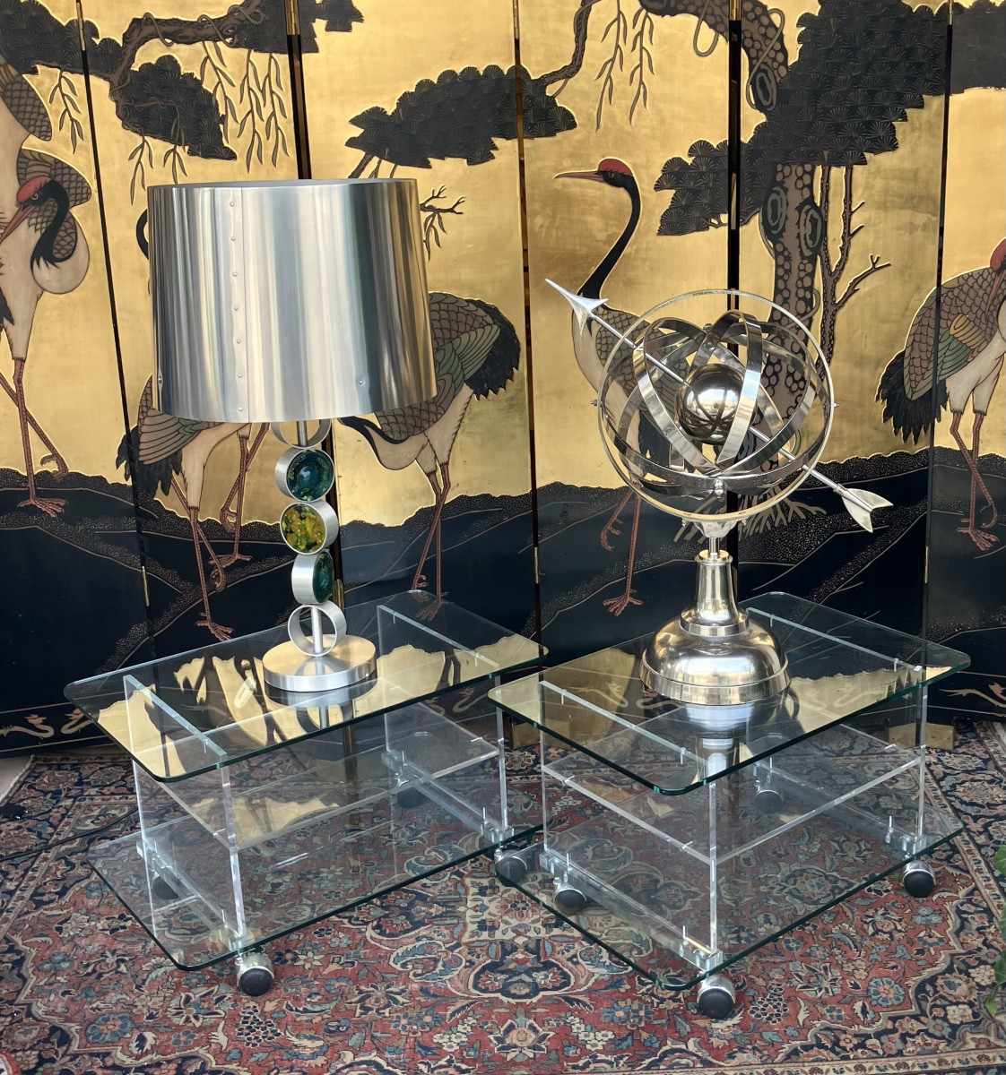 Paire de tables bouts de canapés en verre et Plexiglass à 3 plateaux Circa 1980-photo-3
