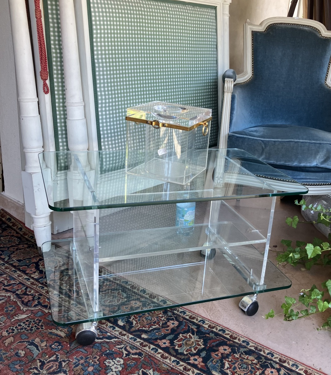 Paire de tables bouts de canapés en verre et Plexiglass à 3 plateaux Circa 1980-photo-4