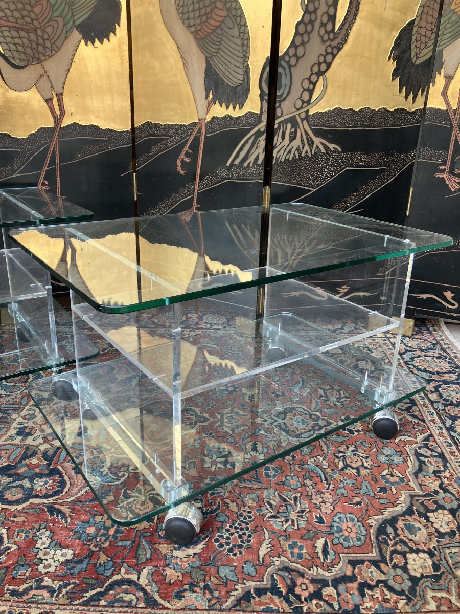 Paire de tables bouts de canapés en verre et Plexiglass à 3 plateaux Circa 1980-photo-1