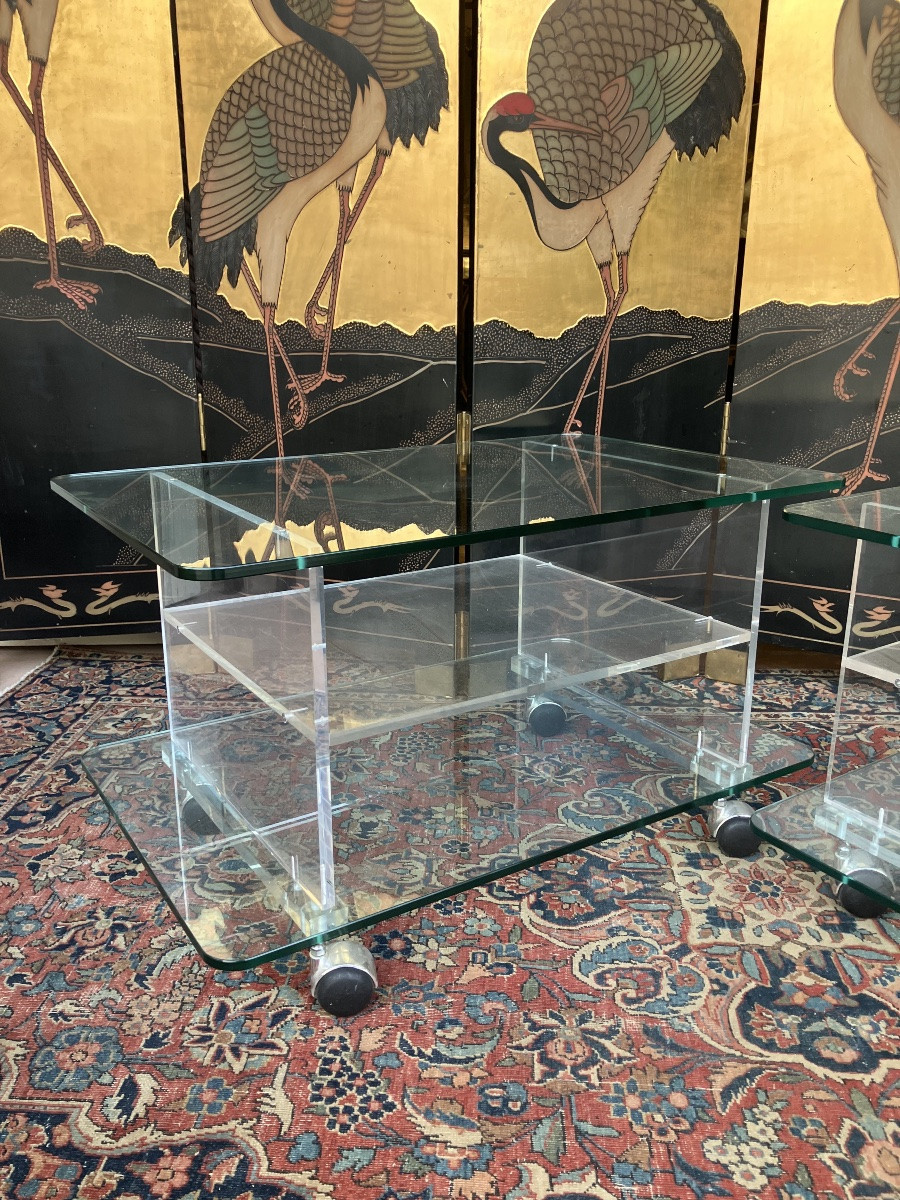 Paire de tables bouts de canapés en verre et Plexiglass à 3 plateaux Circa 1980-photo-2