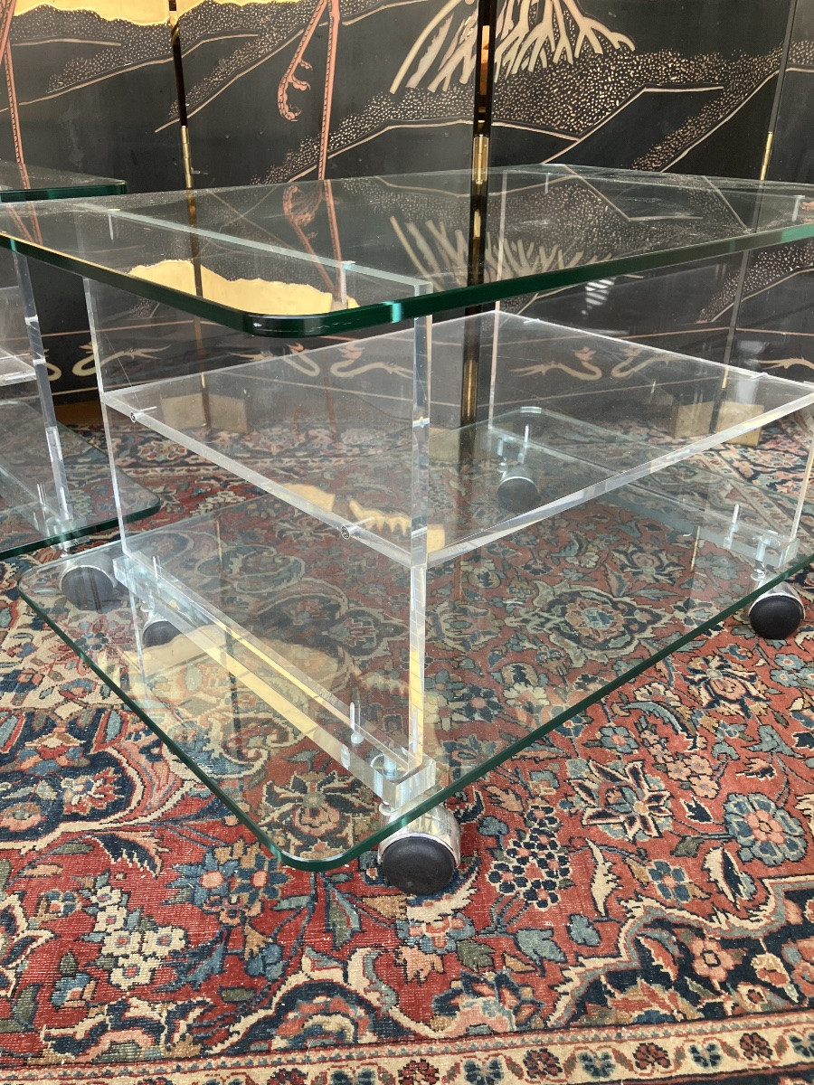 Paire de tables bouts de canapés en verre et Plexiglass à 3 plateaux Circa 1980-photo-3