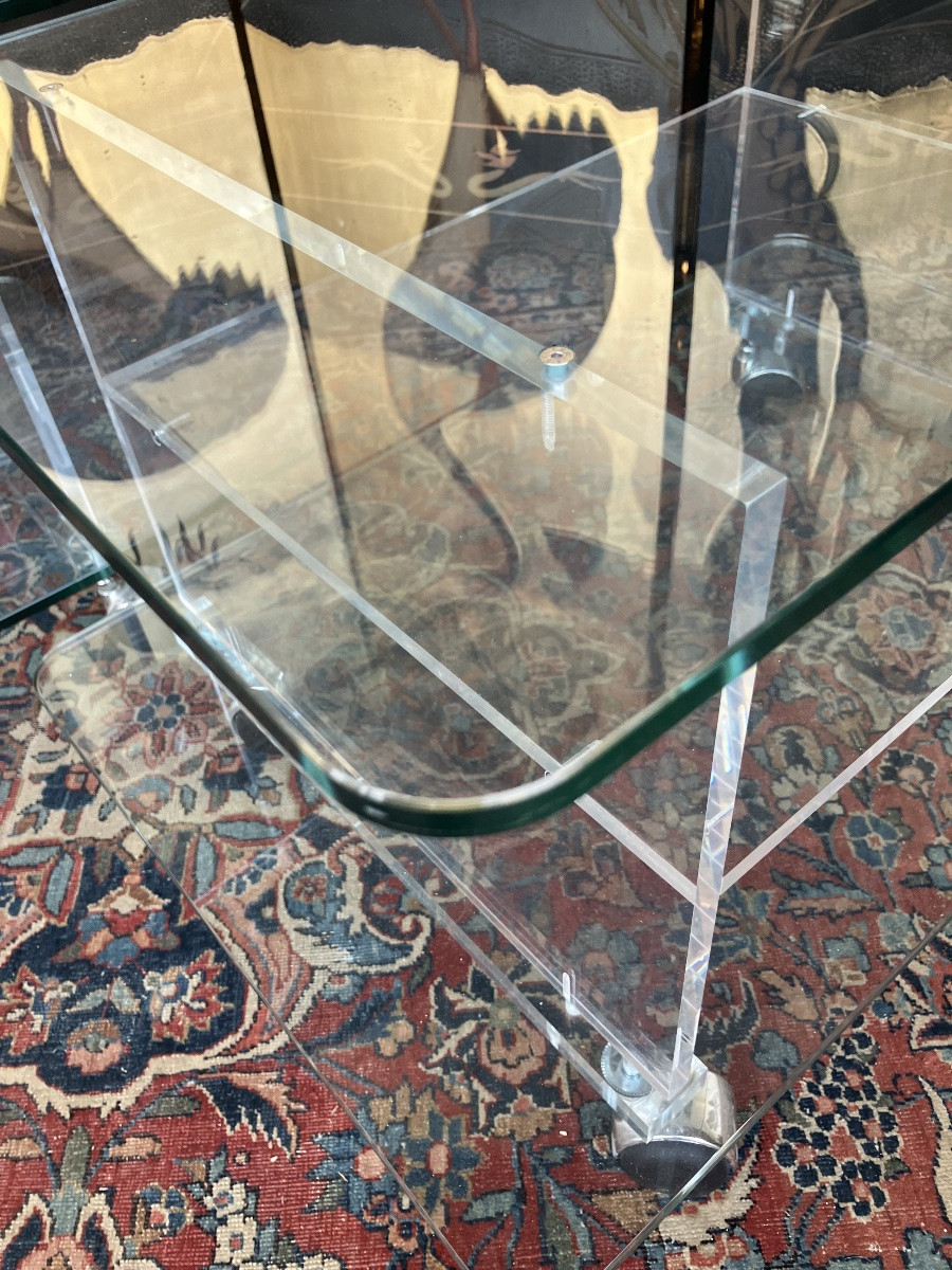 Paire de tables bouts de canapés en verre et Plexiglass à 3 plateaux Circa 1980-photo-5