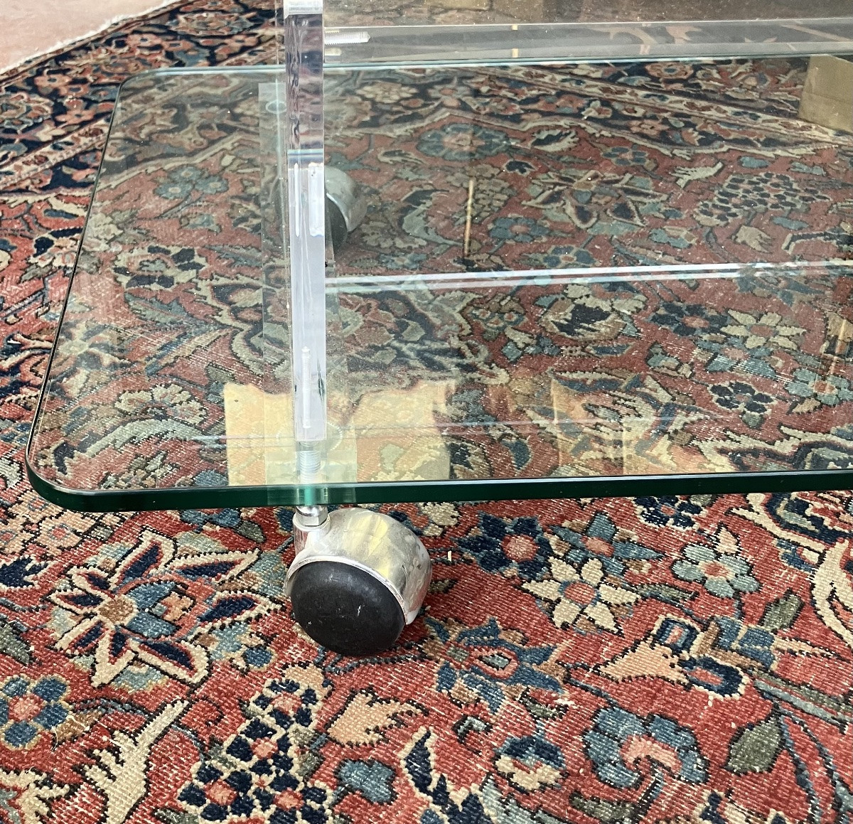 Paire de tables bouts de canapés en verre et Plexiglass à 3 plateaux Circa 1980-photo-6
