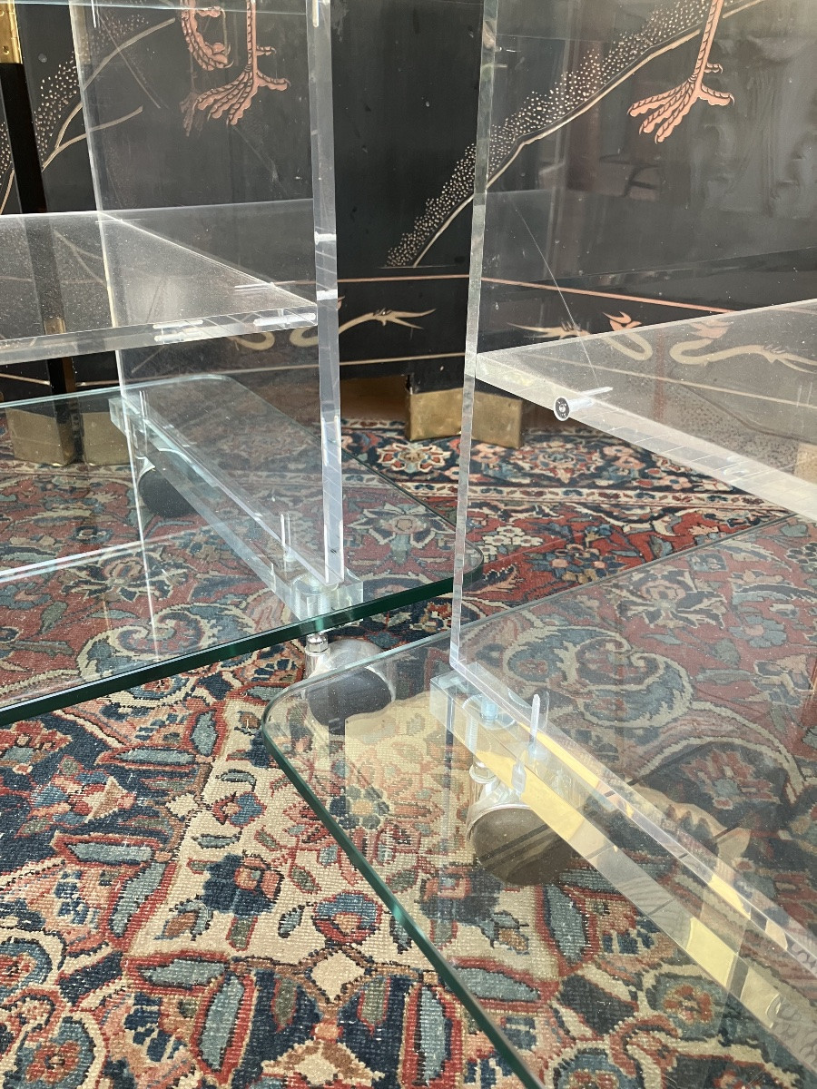Paire de tables bouts de canapés en verre et Plexiglass à 3 plateaux Circa 1980-photo-7