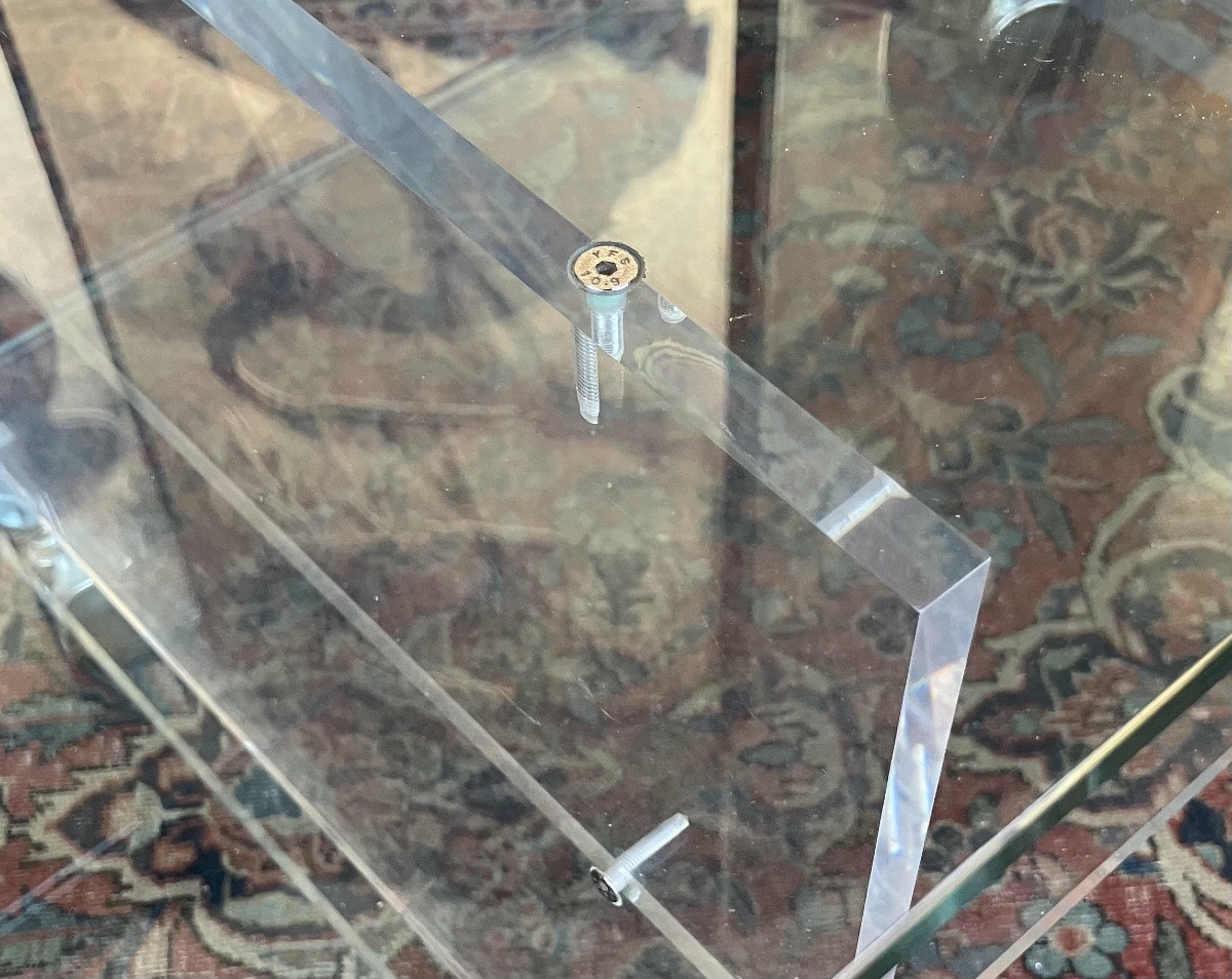 Paire de tables bouts de canapés en verre et Plexiglass à 3 plateaux Circa 1980-photo-8
