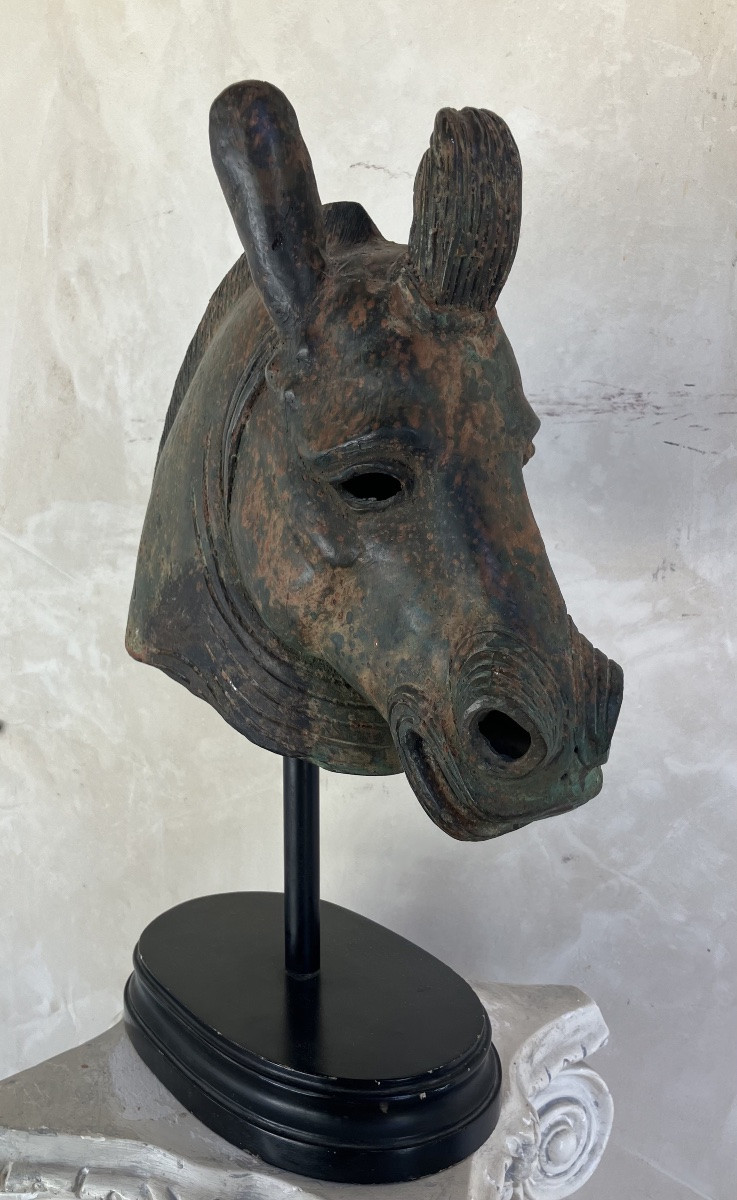 Sculpture de tête de cheval en bronze patiné -photo-3