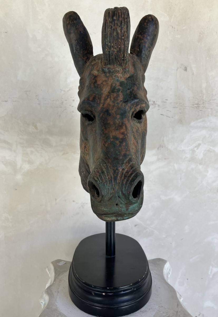 Sculpture de tête de cheval en bronze patiné -photo-5