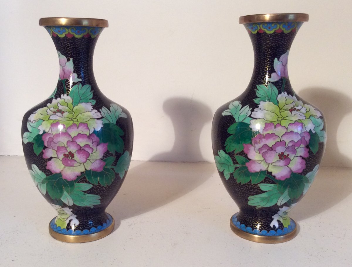 Pair Of Chinese Cloisonne Copper Vase Middle XX Eme-photo-2