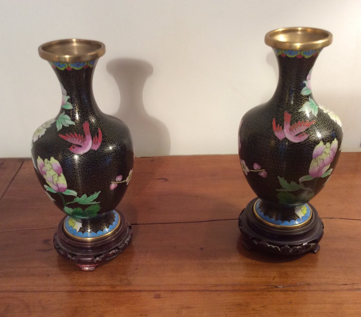 Paire De Vase Chinois En Cuivre Cloisonné Milieu XX Eme -photo-2