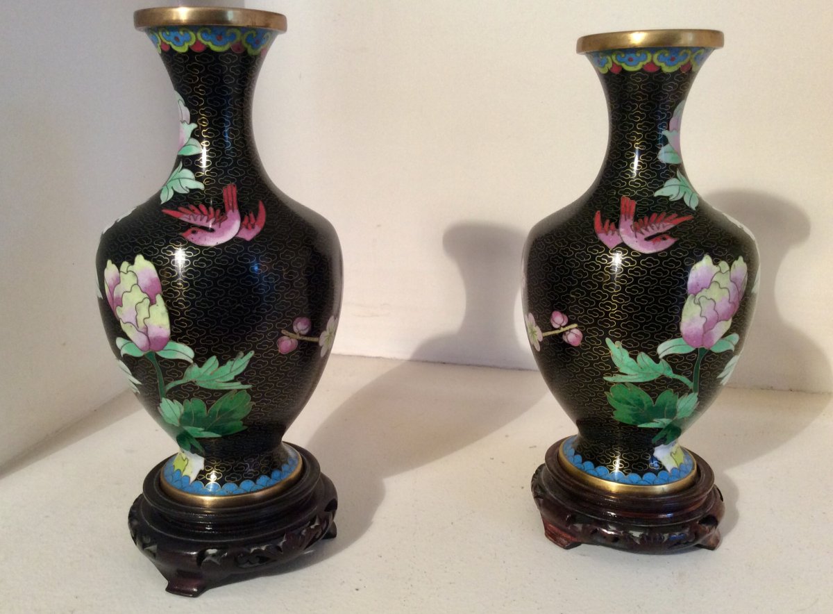 Paire De Vase Chinois En Cuivre Cloisonné Milieu XX Eme -photo-3
