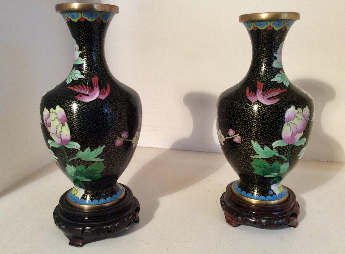 Pair Of Chinese Cloisonne Copper Vase Middle XX Eme-photo-3