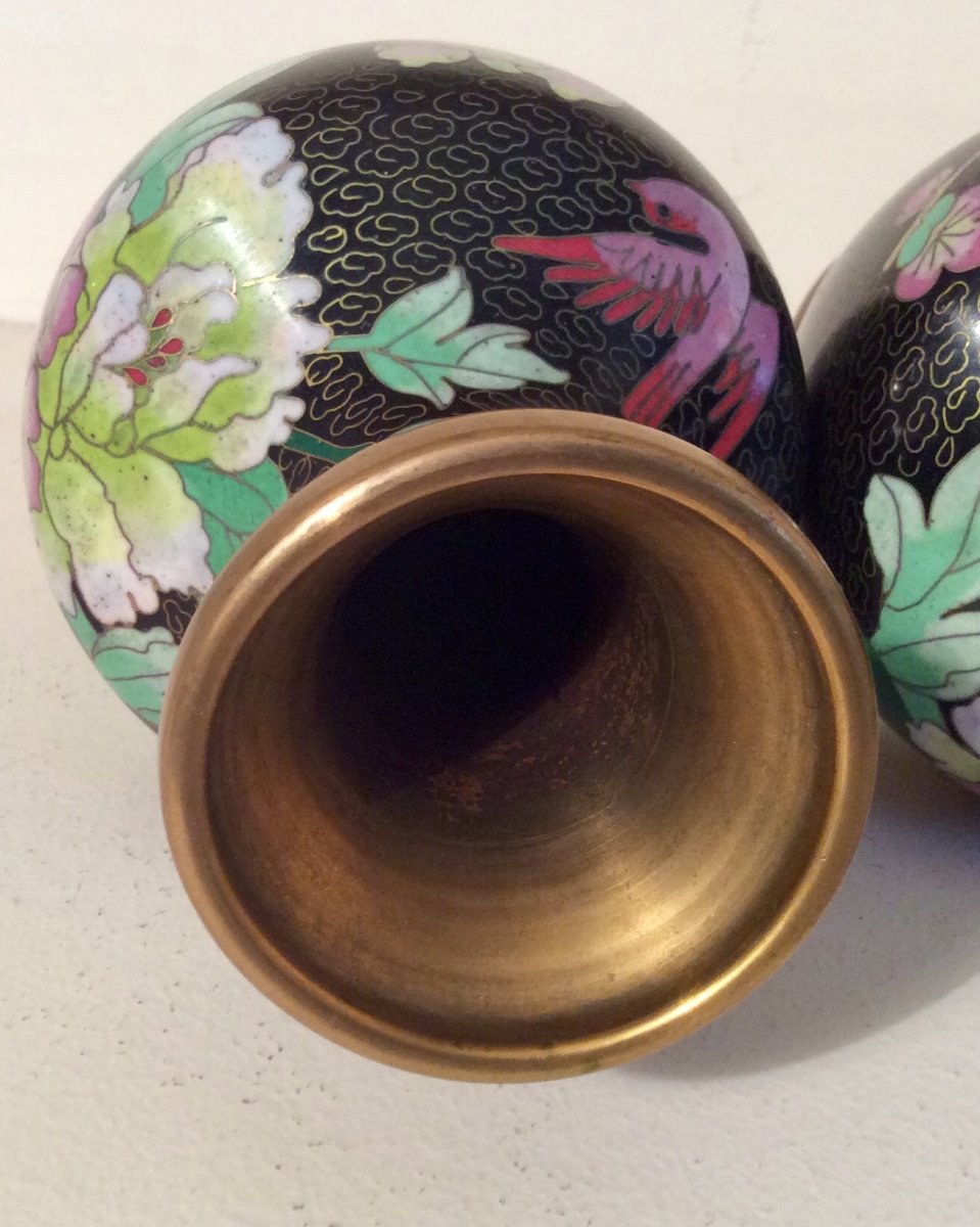 Paire De Vase Chinois En Cuivre Cloisonné Milieu XX Eme -photo-7