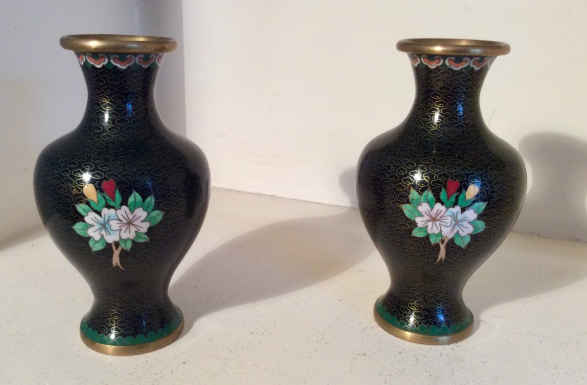 Pair Of Copper Chinese Vases Cloisonné Middle XX Eme-photo-3