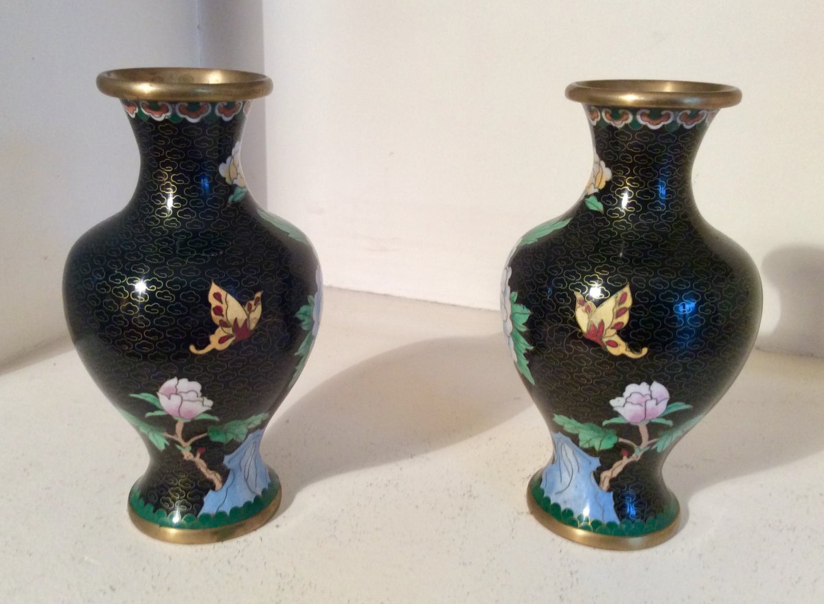 Pair Of Copper Chinese Vases Cloisonné Middle XX Eme-photo-1