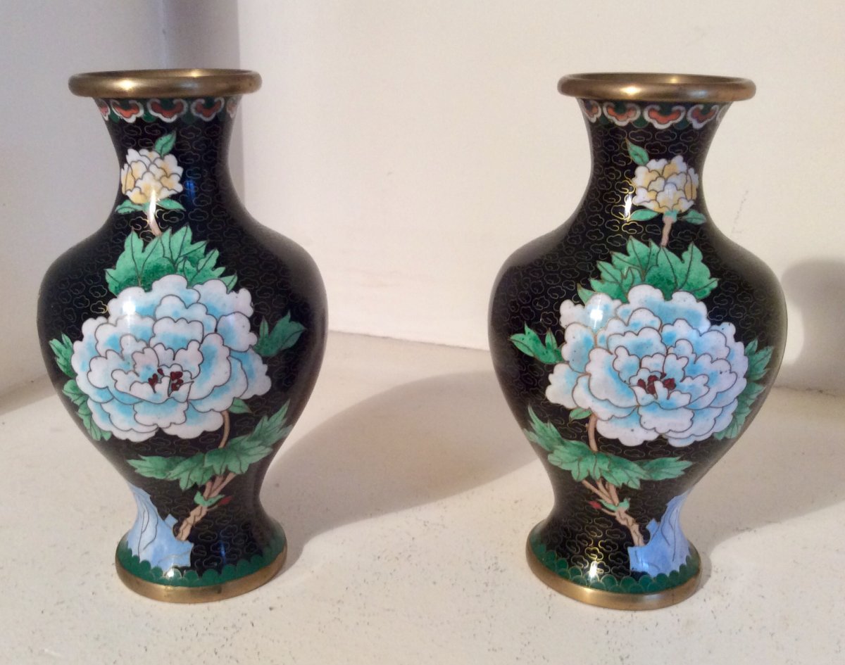 Pair Of Copper Chinese Vases Cloisonné Middle XX Eme-photo-2