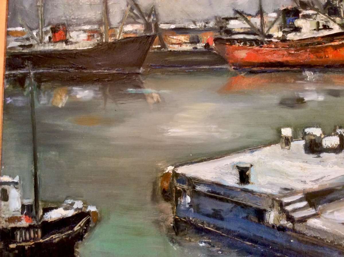 Huile Sur Panneau "Port Marchand sous la Neige "-photo-3