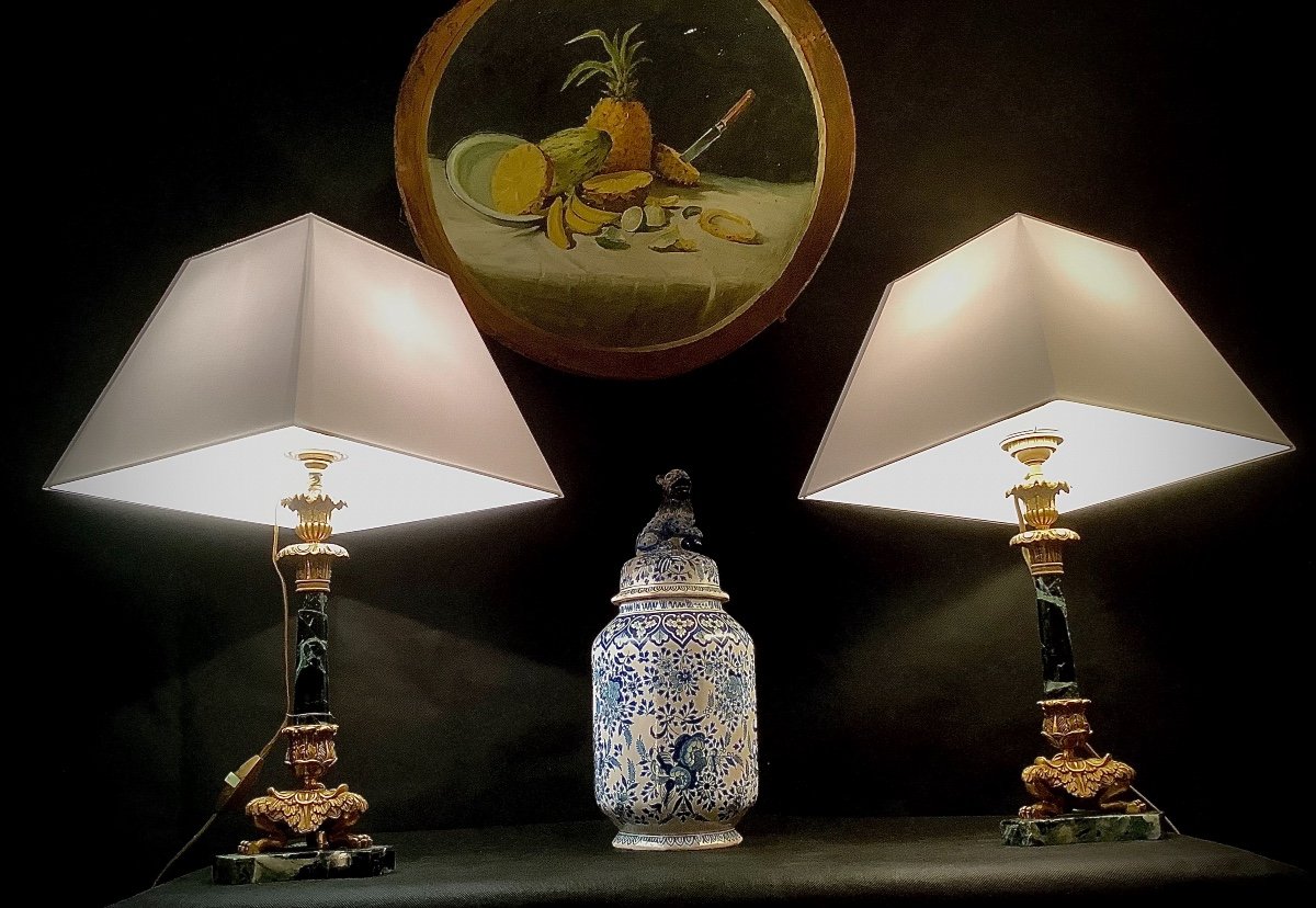 Paire De Flambeaux Montés En Lampe d'époque Restauration 