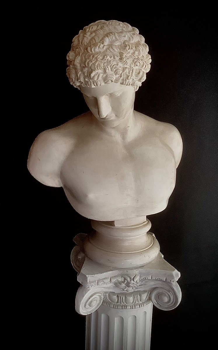 Buste D’antinoüs En Plâtre Reposant Sur Une Colonne Cannelée à Chapiteau Corinthien -photo-4