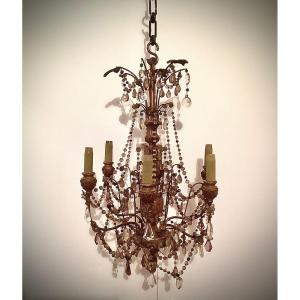 Louis XVI Style Chandelier With Six Branches Metal And Golden Wood Early XX Eme
