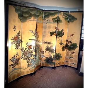 Lacquered Screen 6 Double-sided Leaves In The Style Of A Japanese Byobu