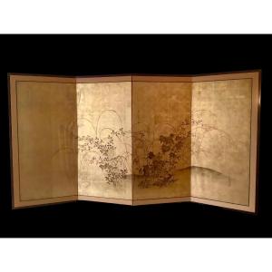 Japanese Byobu Screen From The End Meiji Period / Beginning XX Eme