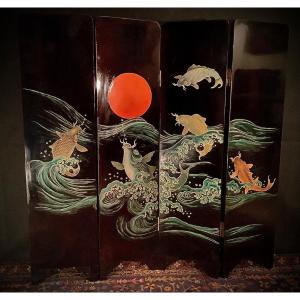 Small Black Lacquered Japanese Double Sided Screen Middle XX Eme