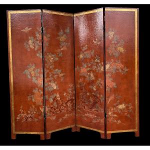 Paravent Chinois à Quatre Feuilles, En Bois Laqué, à L’imitation Du Cuir .