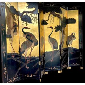 Paravent Japonais laqué noir et or dans le goût d’un Byobu. Circa XX ème 