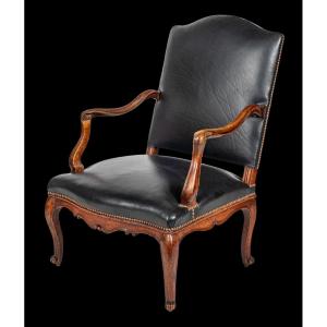 Large fauteuil de bureau cuir noir époque Louis XV