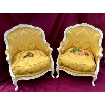 Pair Of Bergeres Style Louis XV Cream Lacquered