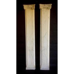 Pair Of Columns In Carved Wood, Fluted With Ionic Capital Late Nineteenth
