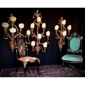 Suite Of Three Large Wall Lights In Golden Wood Louis XV Style