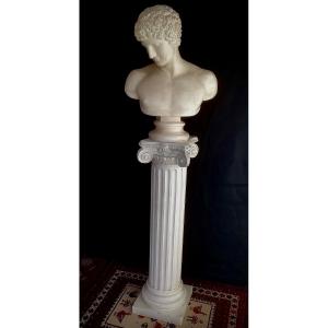 Bust Of Antinous In Plaster Resting On A Fluted Column With Corinthian Capital