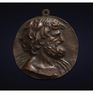 Bronze Plaquette, Italy 17th Century, Head Of Bearded Man