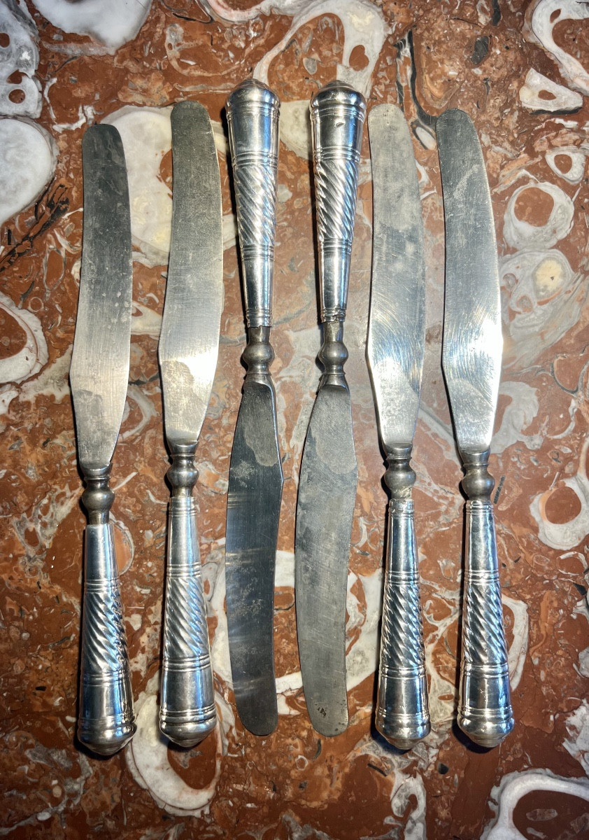 Série de six couteaux Anglais à manche en argent - XVIIIe siècle 18e-photo-3