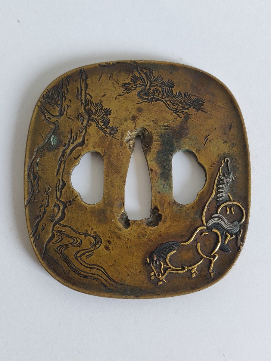 Tsuba En Sentoku à Décor De Chevaux