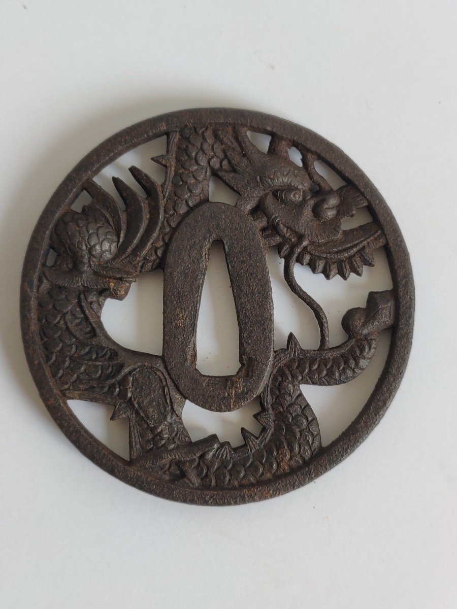  Iron Marugata Tsuba  With Openwork Decor Of A Dragon