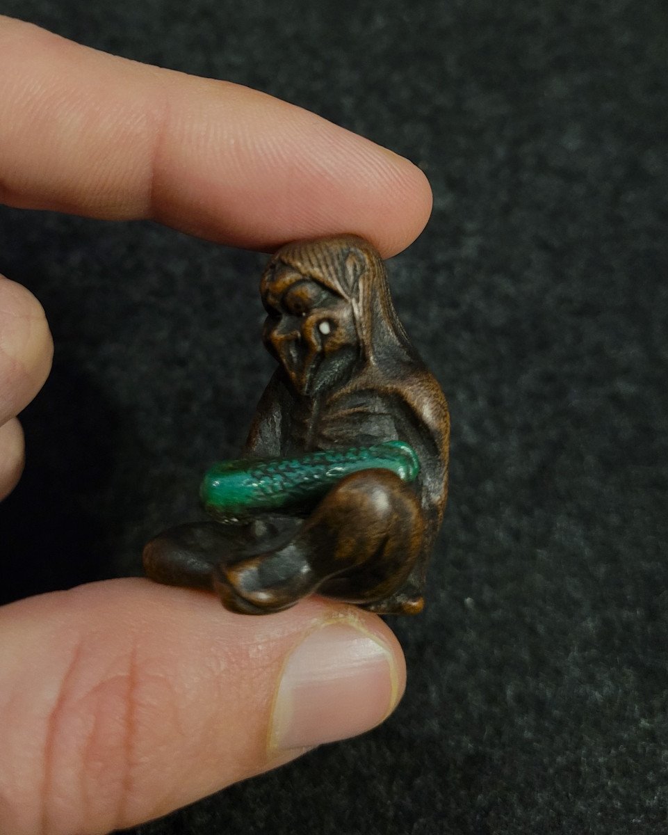 Netsuke - Kappa Au Concombre - Bois Et Os-photo-2