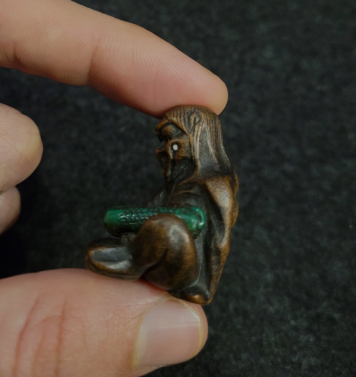 Netsuke - Kappa Au Concombre - Bois Et Os-photo-4