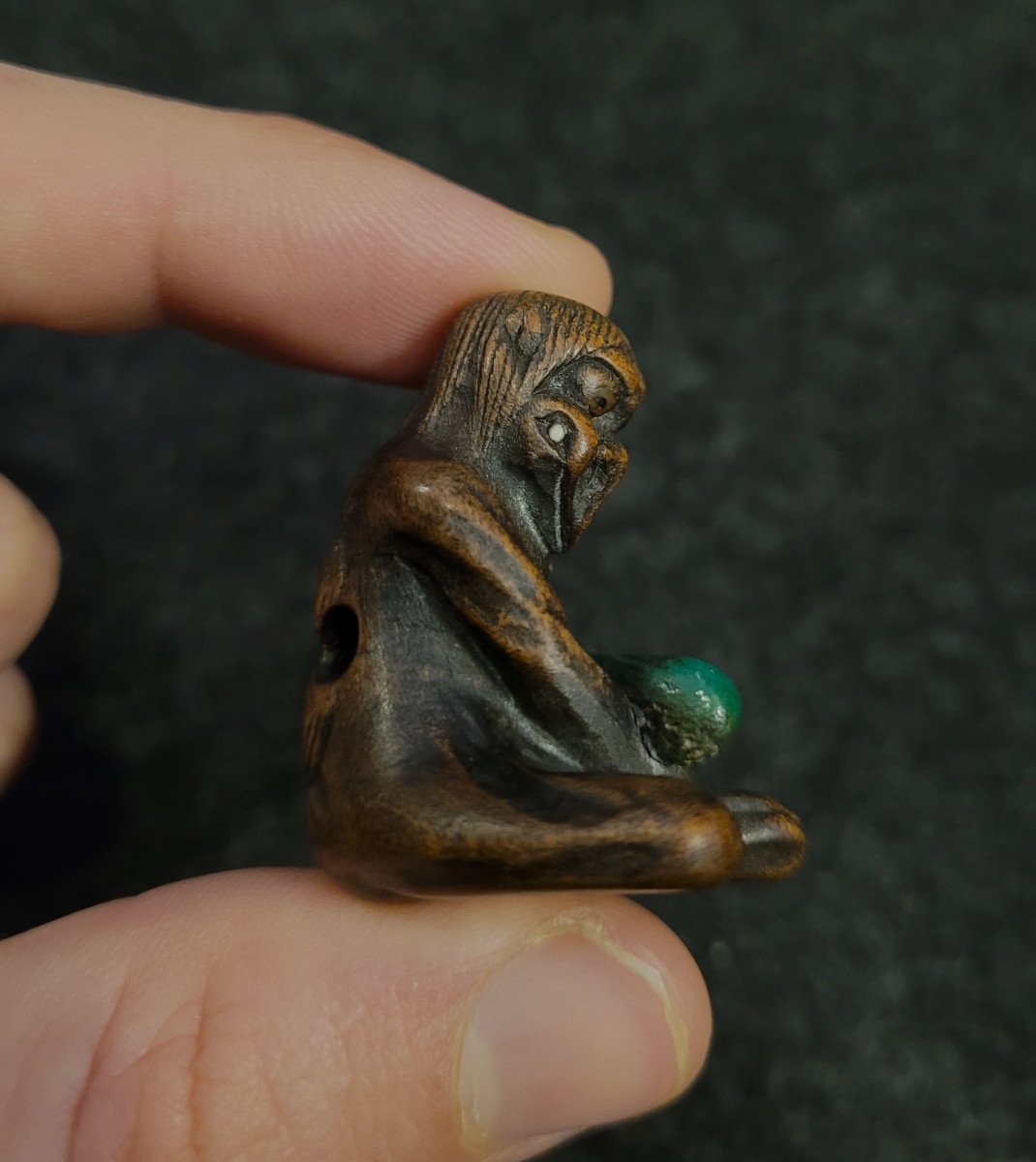 Netsuke - Kappa Au Concombre - Bois Et Os-photo-4