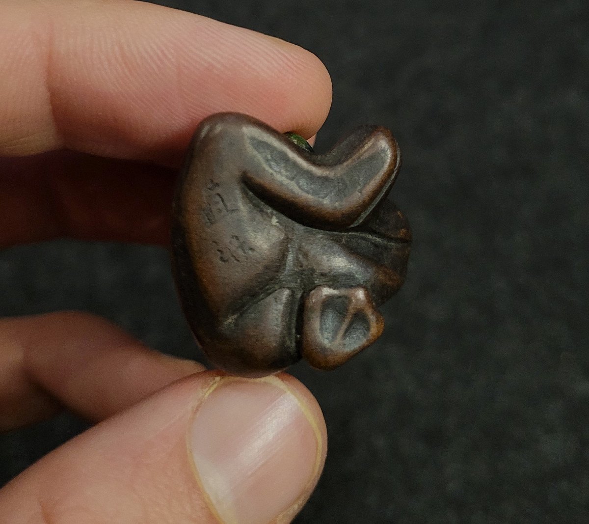 Netsuke - Kappa Au Concombre - Bois Et Os-photo-6