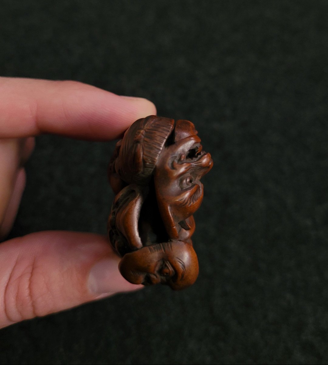 Netsuke - Groupe De Masques De Théâtre Japonais - Bois-photo-4