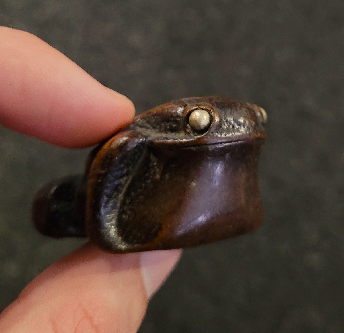 Netsuke  - Crapaud au yeux en métal argenté - Bois -photo-3
