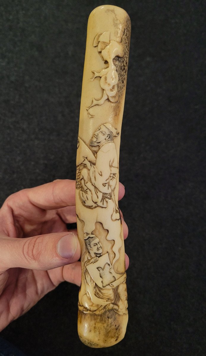 Kiseru Zutsu - Kinko Sennin With Carp - Deer Antler - 19th Century -photo-5