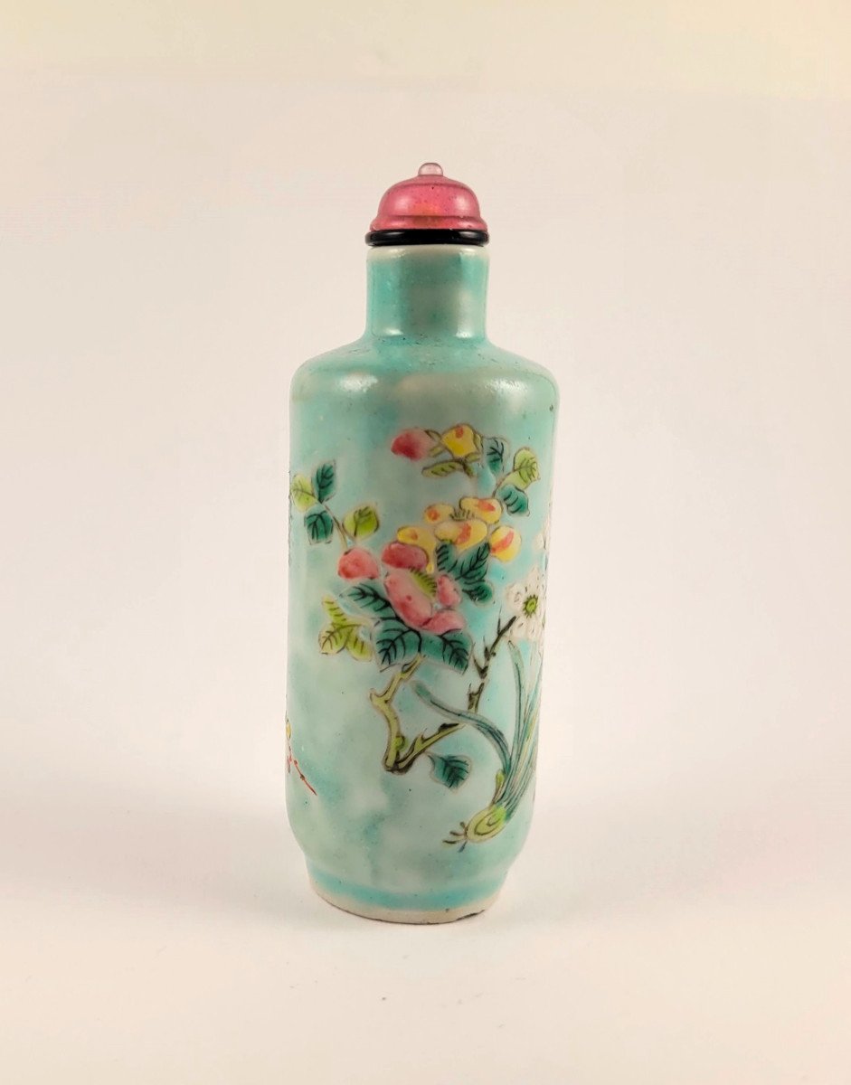 Tabatière Chinoise En Porcelaine Turquoise à Décor De Branches Fleuries-photo-2