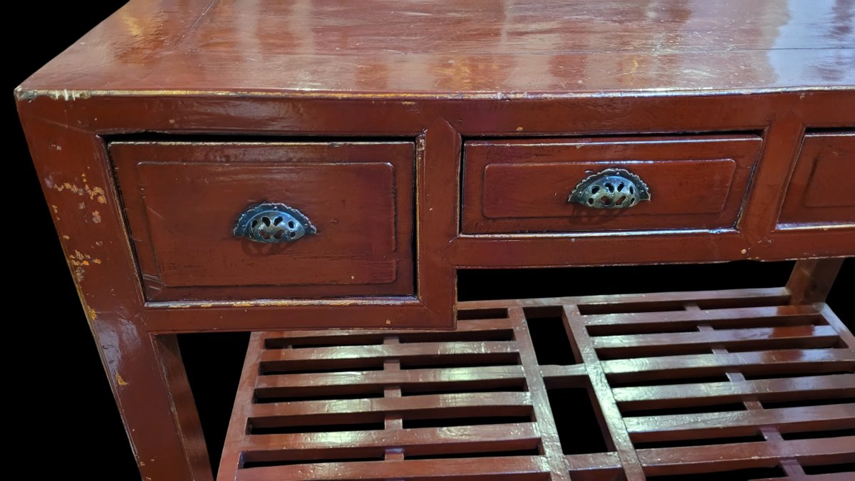 Bureau laqué rouge avec sa chaise, Chine, XIXe-XXe siècle-photo-1
