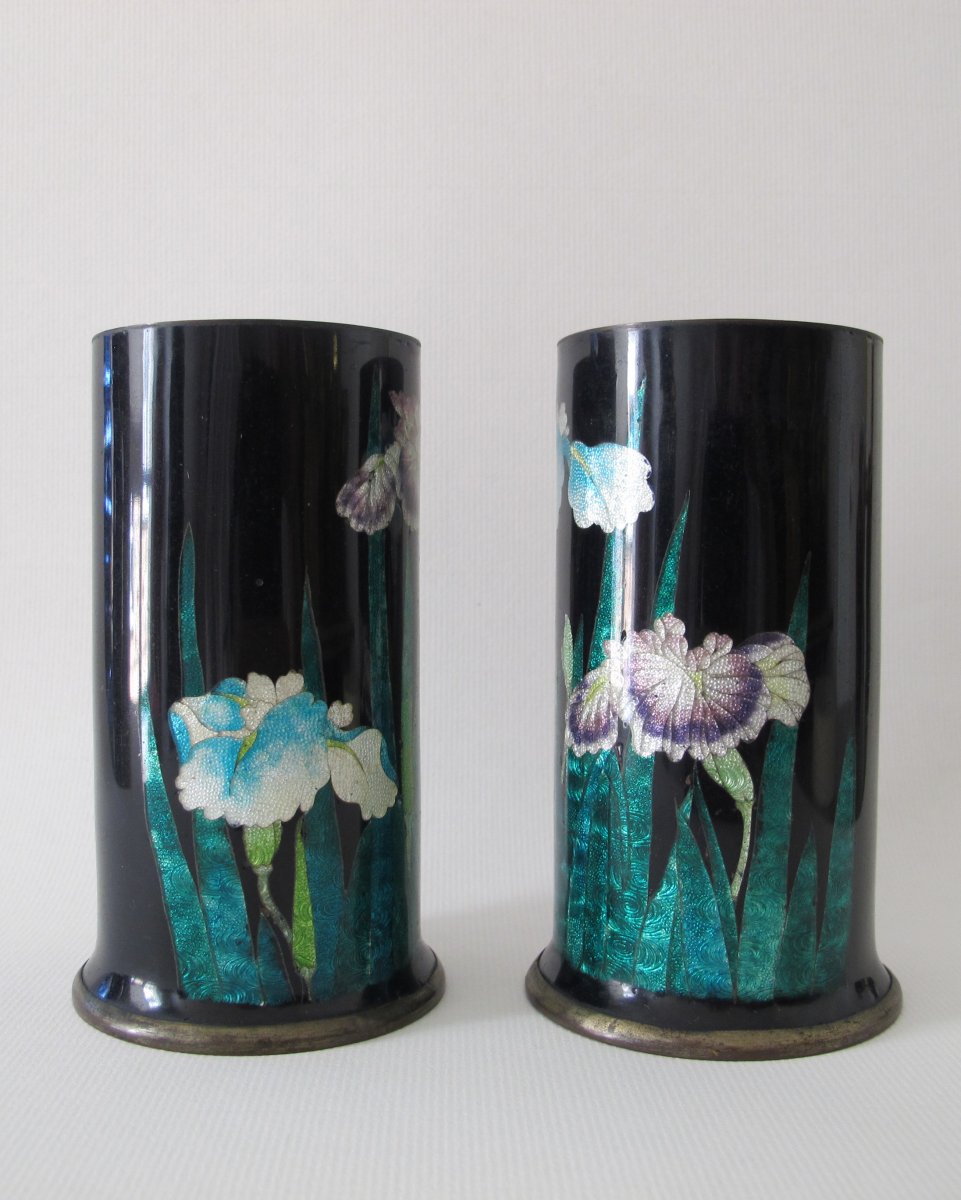 Pair Of Cylindrical Vases In Copper And Cloisonné Enamels With Iris Decor.-photo-2