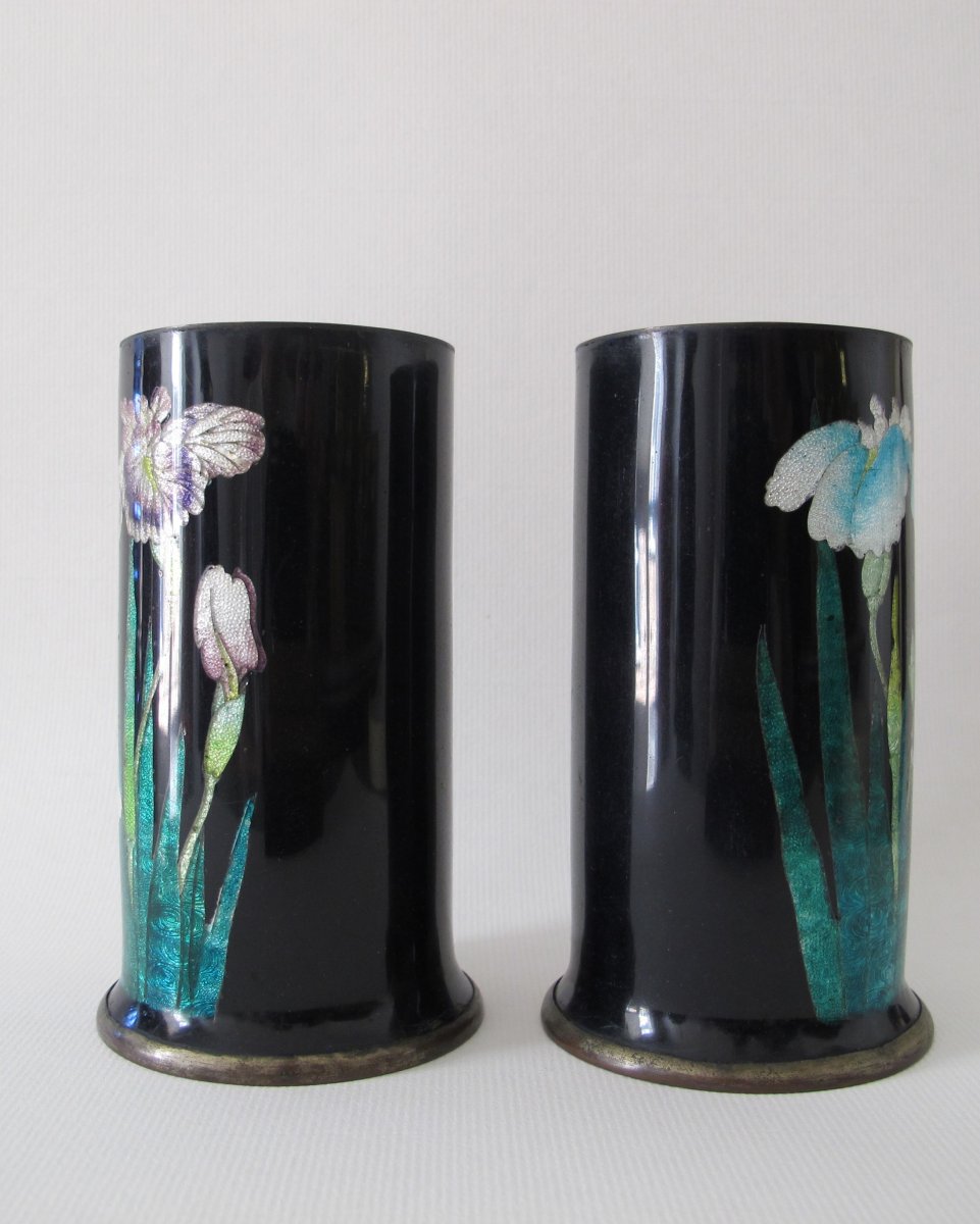 Pair Of Cylindrical Vases In Copper And Cloisonné Enamels With Iris Decor.-photo-3